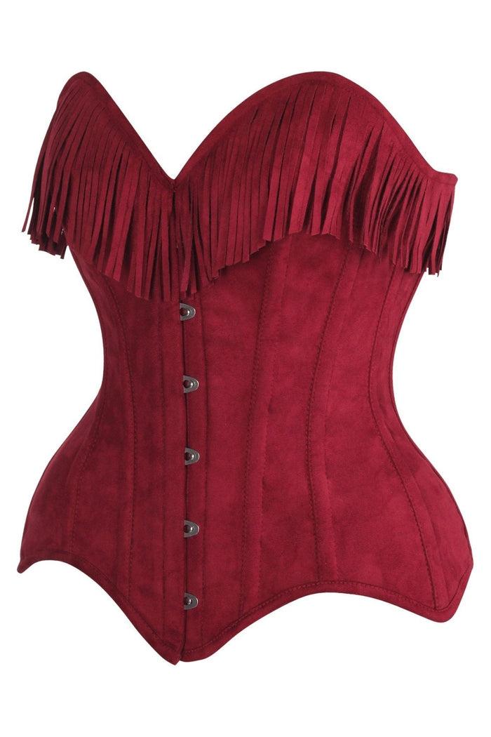 Daisy Beachwear Top Drawer Red Suede Steel Boned Overbust Corset W/Fringe