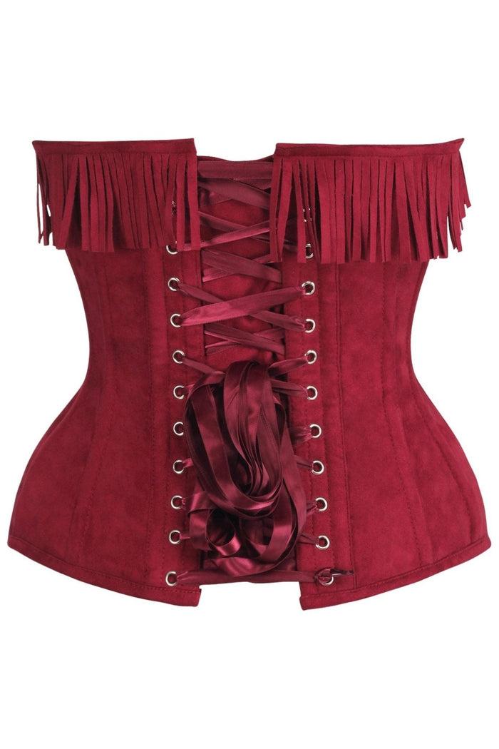 Daisy Beachwear Top Drawer Red Suede Steel Boned Overbust Corset W/Fringe