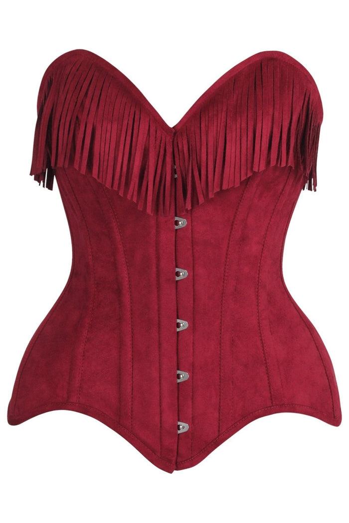 daisy beachwear Top Drawer Red Suede Steel Boned Overbust Corset w/Fringe