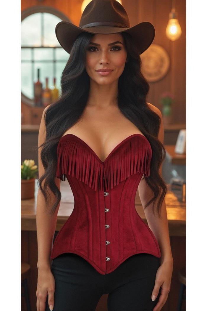 daisy beachwear Top Drawer Red Suede Steel Boned Overbust Corset w/Fringe