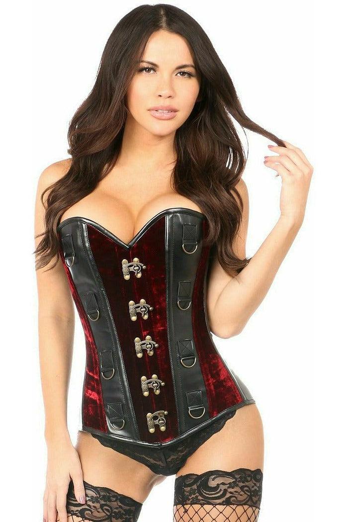 daisy beachwear Top Drawer Red Velvet & Faux Leather Steel Boned Corset