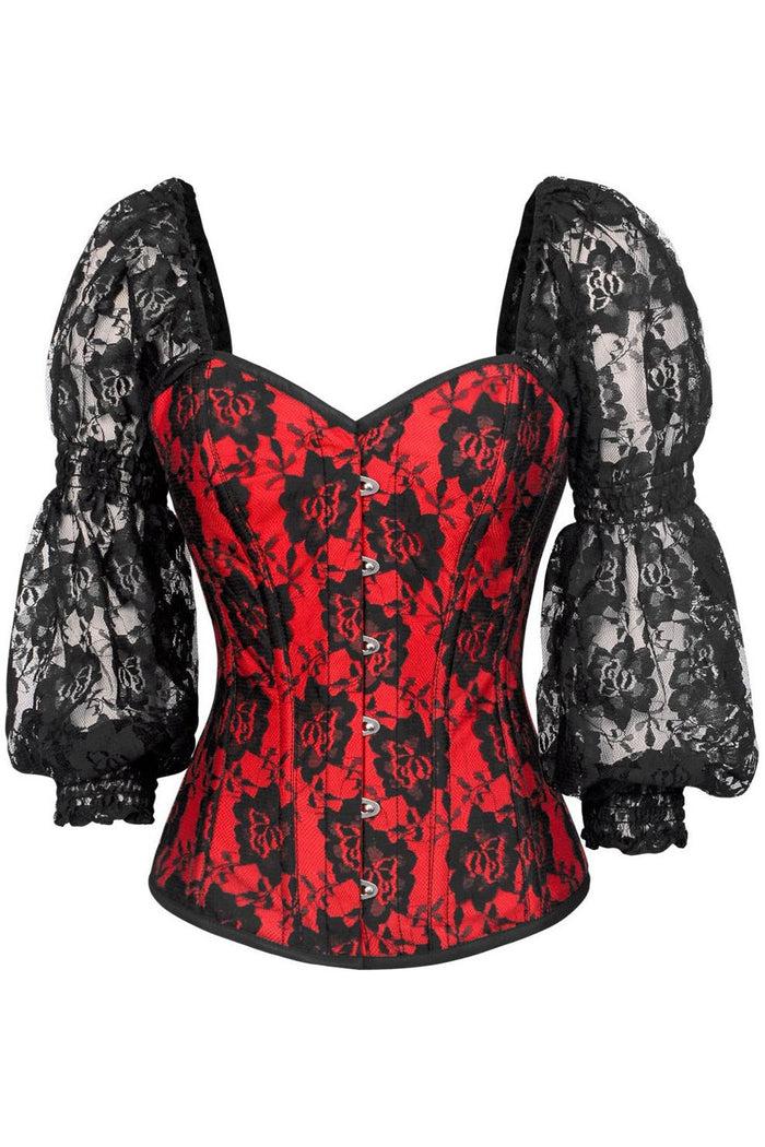 daisy beachwear Top Drawer Red w/Black Lace Steel Boned Long Sleeve Corset