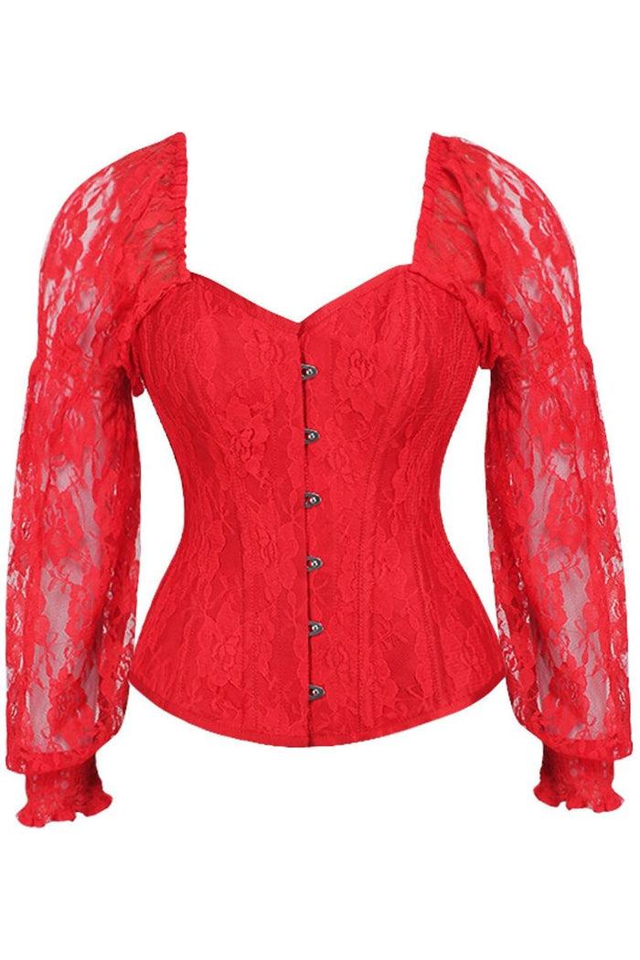 daisy beachwear Top Drawer Red w/Red Lace Steel Boned Long Sleeve Corset