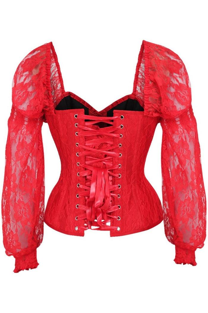 Daisy Beachwear Top Drawer Red W/Red Lace Steel Boned Long Sleeve Corset
