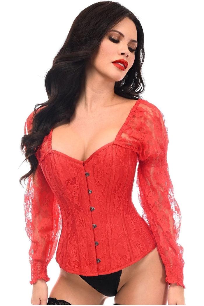 daisy beachwear Top Drawer Red w/Red Lace Steel Boned Long Sleeve Corset