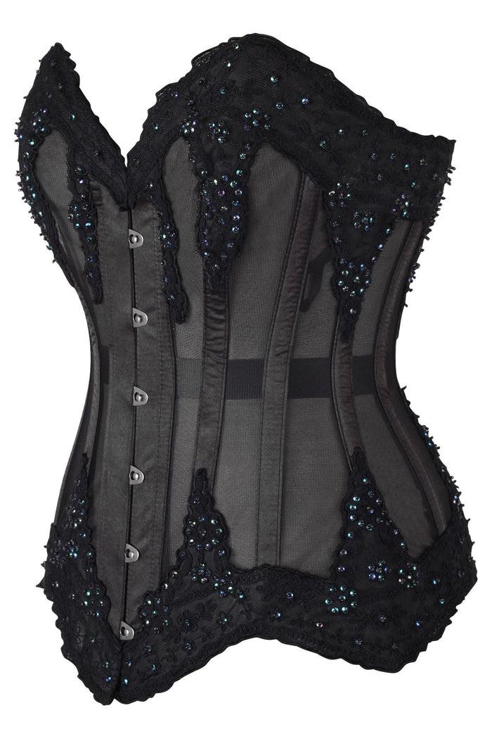 Daisy Beachwear Top Drawer Sheer Black Mesh & Beaded Steel Boned Overbust Corset