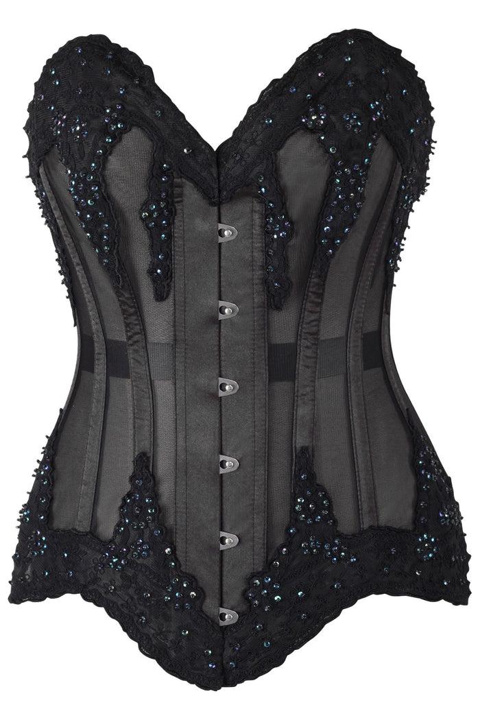 daisy beachwear Top Drawer Sheer Black Mesh & Beaded Steel Boned Overbust Corset