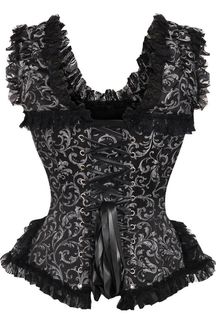 Daisy Beachwear Top Drawer Silver/Black Swirl Brocade & Lace Steel Boned Corset W/Cap Sleeves