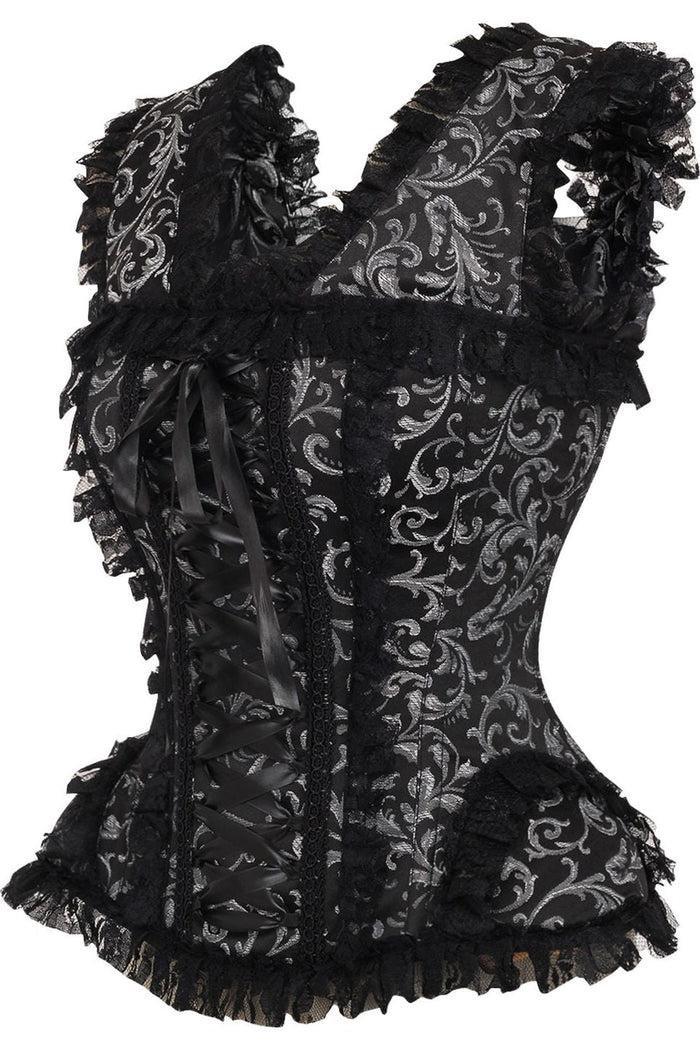 Daisy Beachwear Top Drawer Silver/Black Swirl Brocade & Lace Steel Boned Corset W/Cap Sleeves