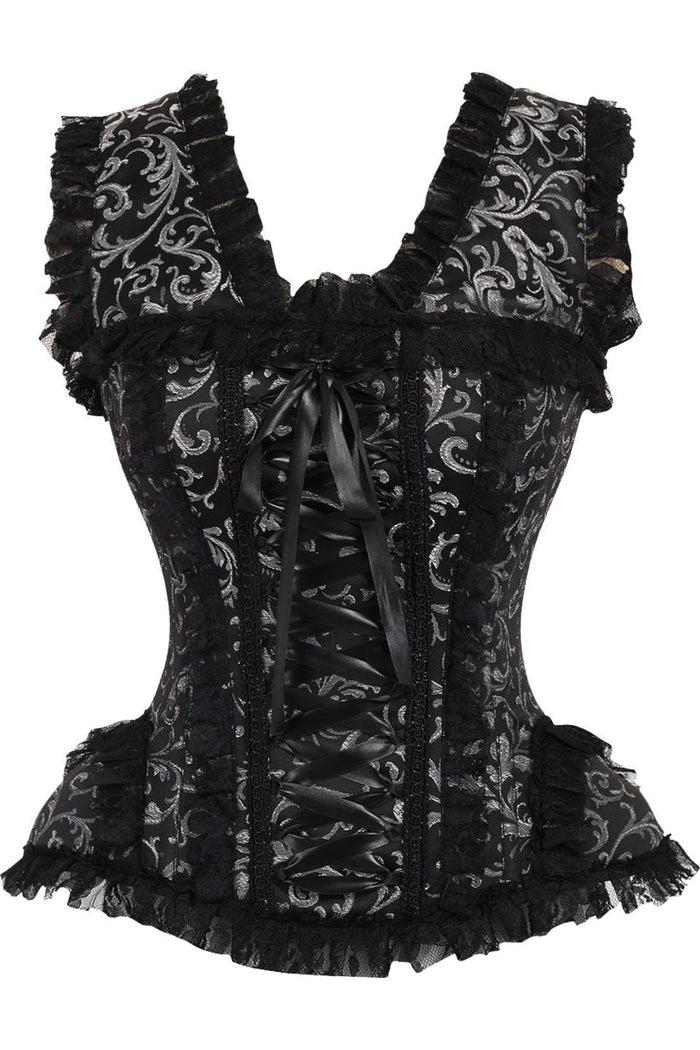 daisy beachwear Top Drawer Silver/Black Swirl Brocade & Lace Steel Boned Corset w/Cap Sleeves
