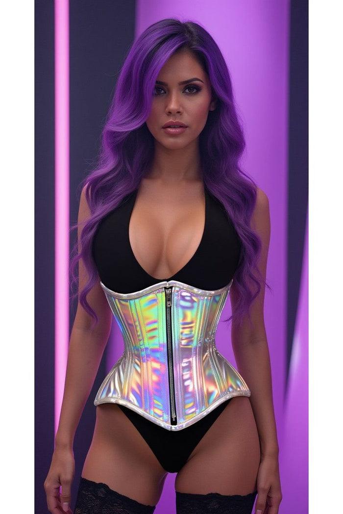 Daisy Beachwear Top Drawer Silver Holo Double Steel Boned Underbust Waist Cincher Corset