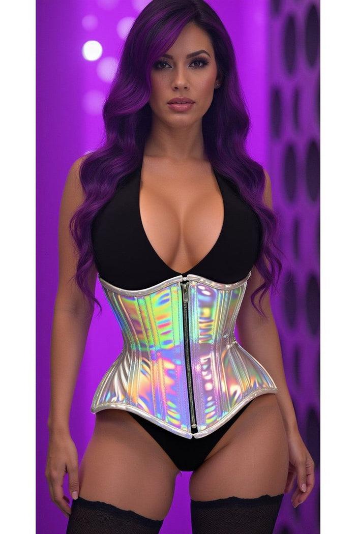 Daisy Beachwear Top Drawer Silver Holo Double Steel Boned Underbust Waist Cincher Corset