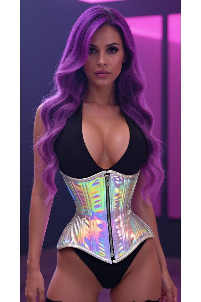 Daisy Beachwear Top Drawer Silver Holo Double Steel Boned Underbust Waist Cincher Corset