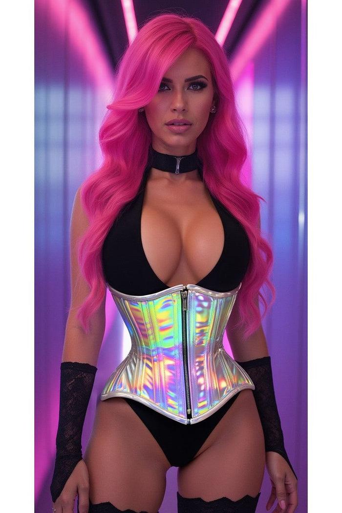 daisy beachwear Top Drawer Silver Holo Double Steel Boned Underbust Waist Cincher Corset