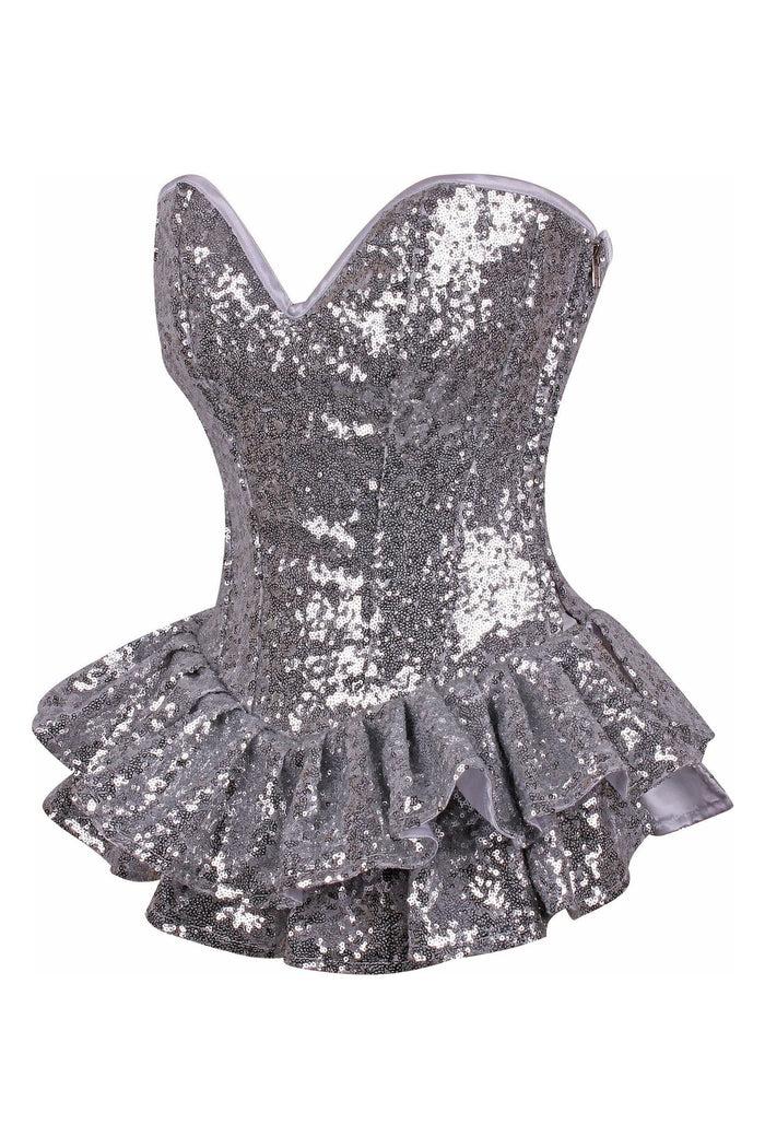 daisy beachwear Top Drawer Silver Sequin Steel Boned Mini Corset Dress