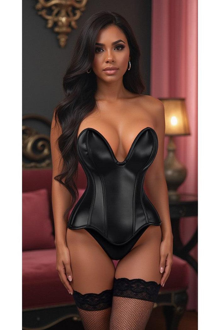 daisy beachwear Top Drawer Steel Boned Black Faux Leather Plunge Neckline Overbust Corset