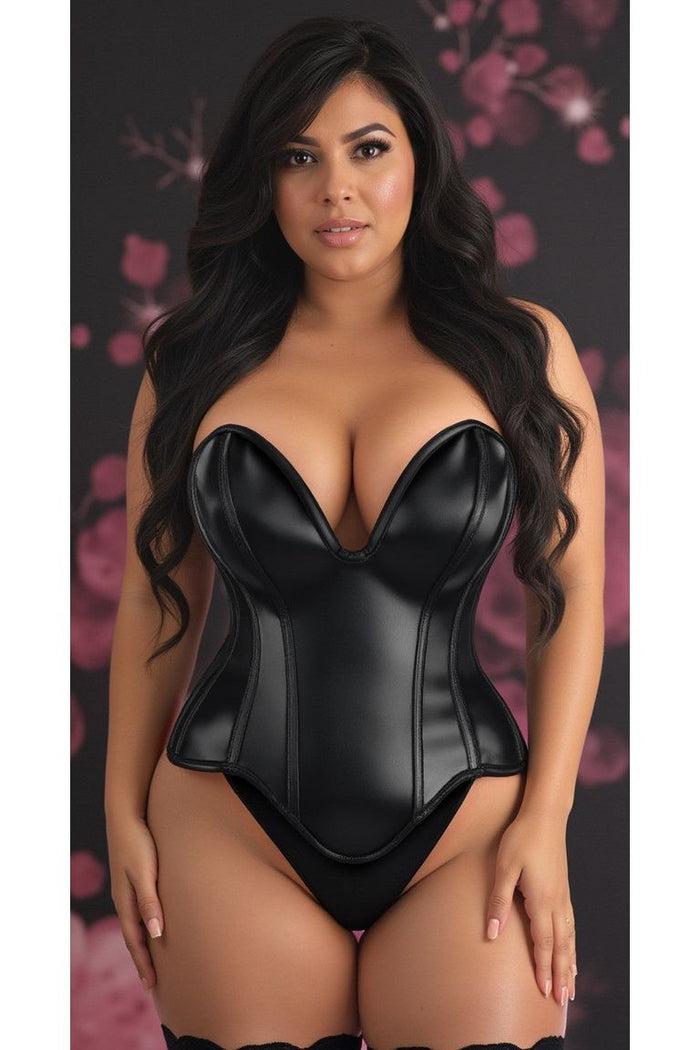 Daisy Beachwear Top Drawer Steel Boned Black Faux Leather Plunge Neckline Overbust Corset