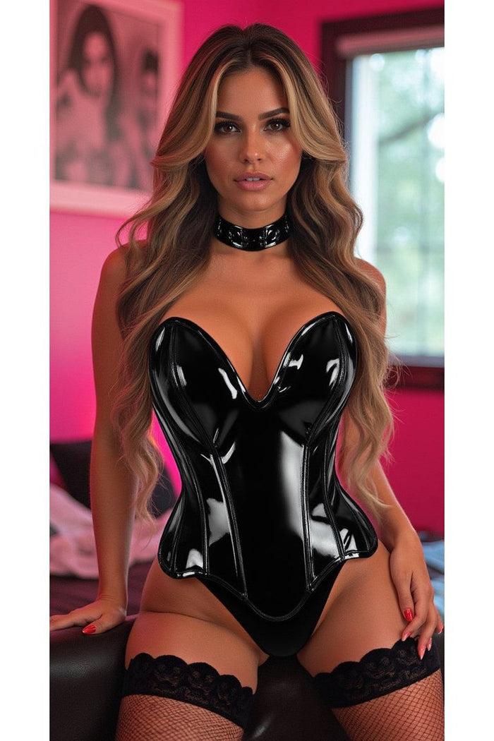 daisy beachwear Top Drawer Steel Boned Black Patent Plunge Neckline Overbust Corset