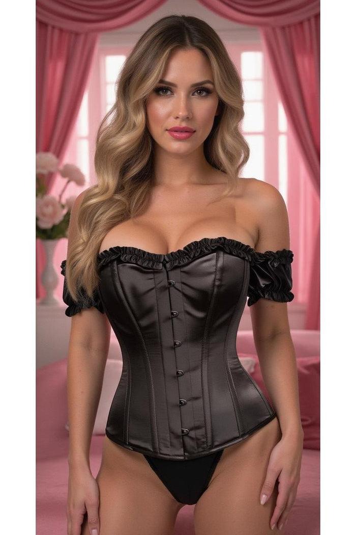 Daisy Beachwear Top Drawer Steel Boned Black Satin Overbust Corset W/Sleeves
