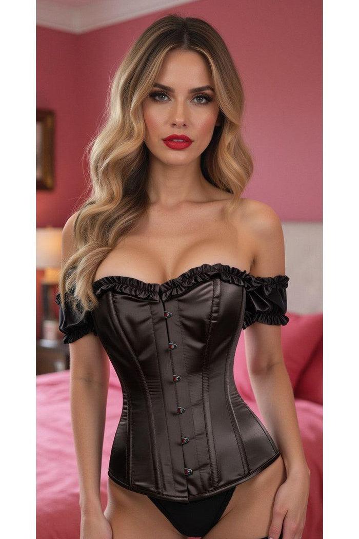 Daisy Beachwear Top Drawer Steel Boned Black Satin Overbust Corset W/Sleeves