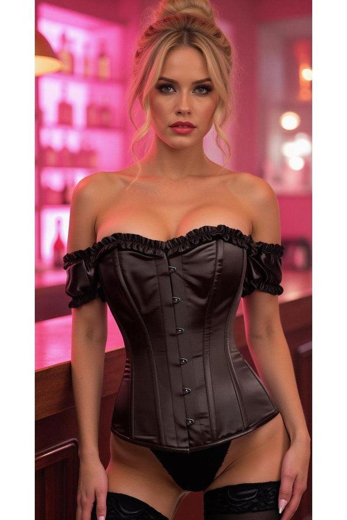 daisy beachwear Top Drawer Steel Boned Black Satin Overbust Corset w/Sleeves