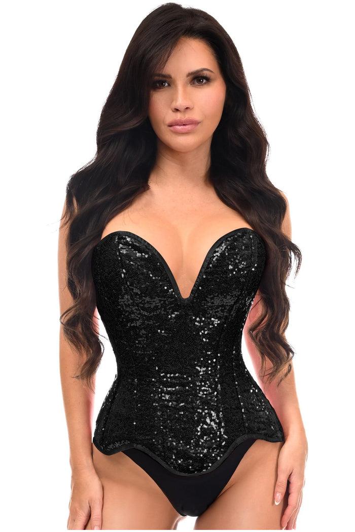 daisy beachwear Top Drawer Steel Boned Black Sequin Plunge Neckline Overbust Corset