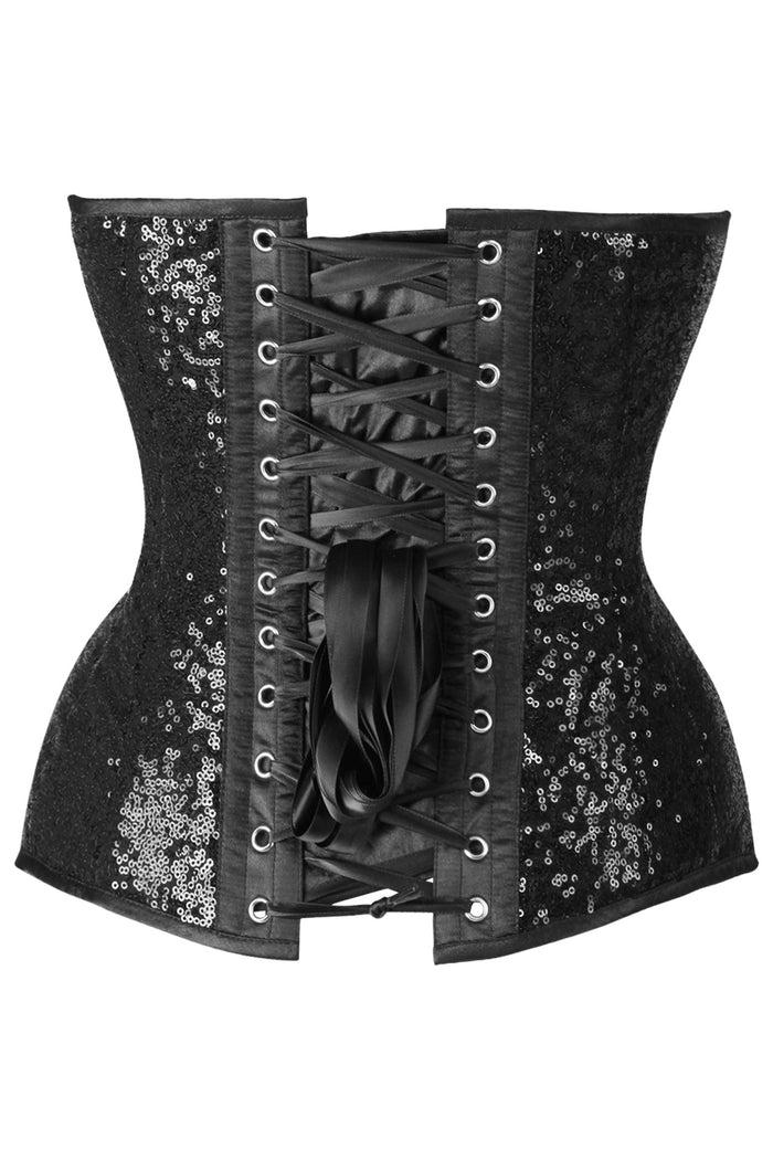 Daisy Beachwear Top Drawer Steel Boned Black Sequin Plunge Neckline Overbust Corset