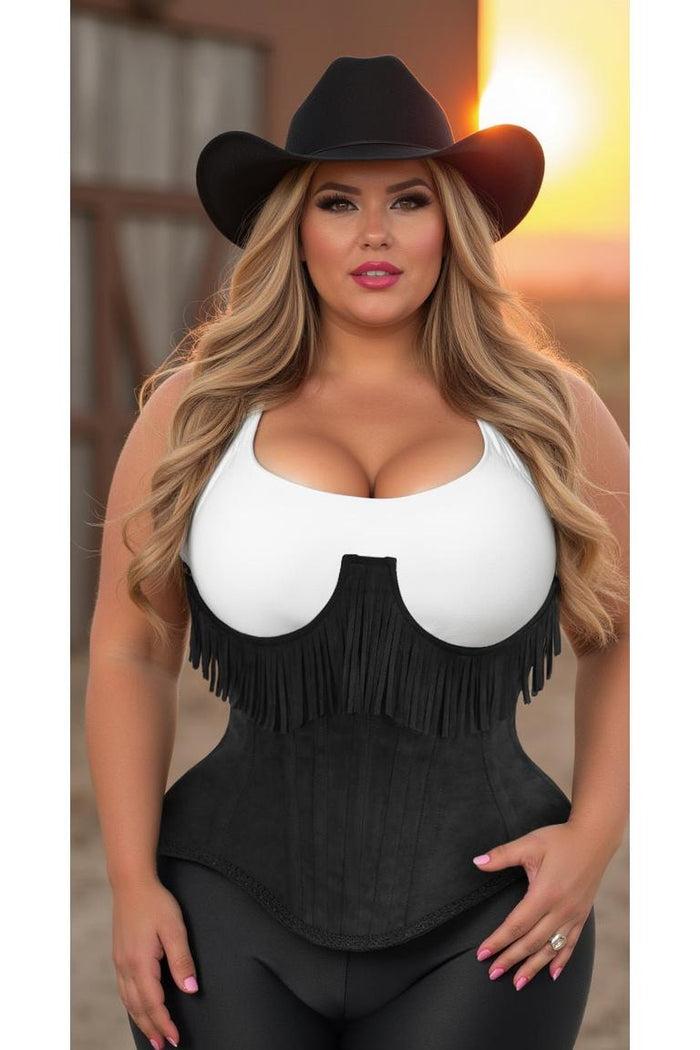 Daisy Beachwear Top Drawer Steel Boned Black Suede Underwire Underbust Corset Cincher W/Fringe