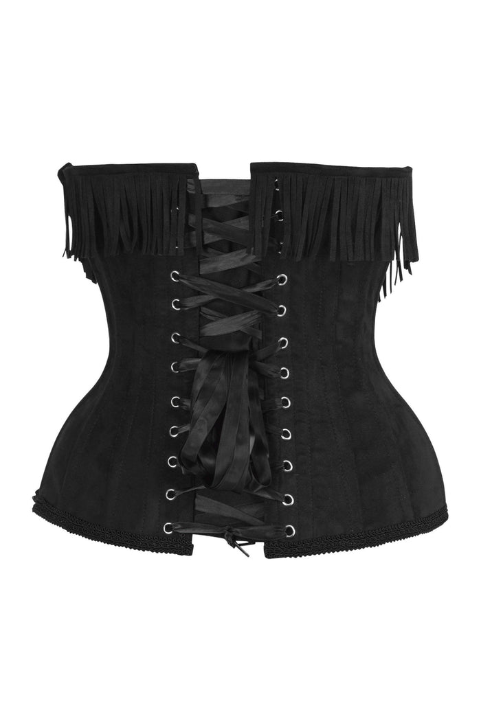 Daisy Beachwear Top Drawer Steel Boned Black Suede Underwire Underbust Corset Cincher W/Fringe