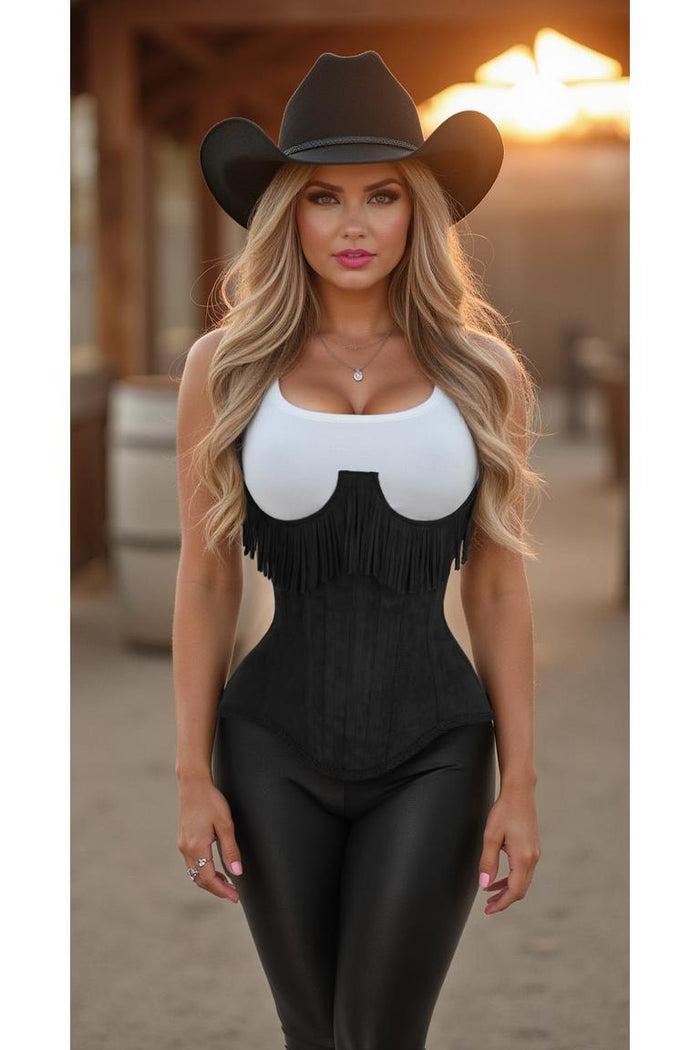 Daisy Beachwear Top Drawer Steel Boned Black Suede Underwire Underbust Corset Cincher W/Fringe