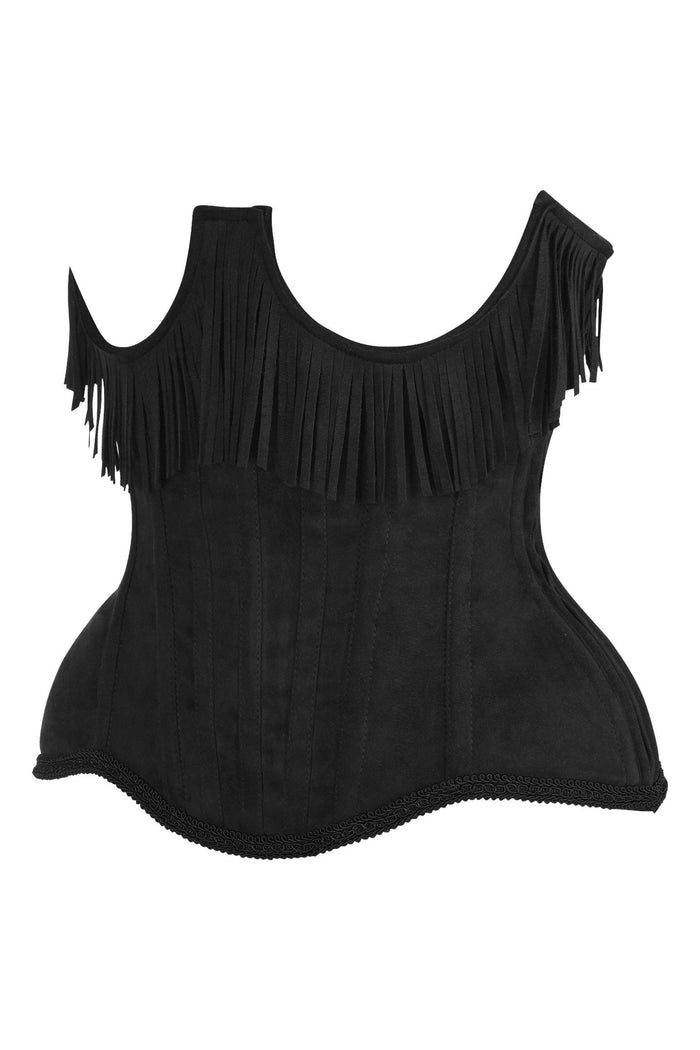 Daisy Beachwear Top Drawer Steel Boned Black Suede Underwire Underbust Corset Cincher W/Fringe