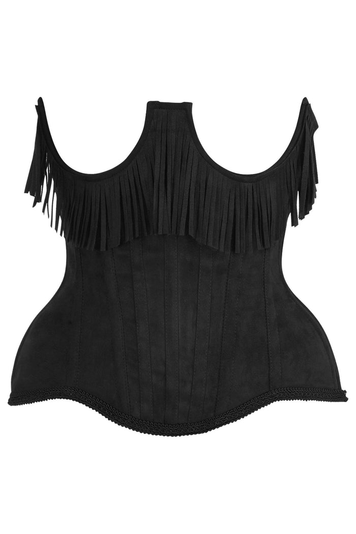 daisy beachwear Top Drawer Steel Boned Black Suede Underwire Underbust Corset Cincher w/Fringe
