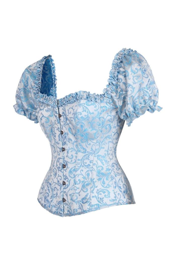 Daisy Beachwear Top Drawer Steel Boned Blue Brocade Overbust Corset Top W/Sleeves
