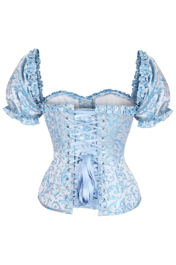 Daisy Beachwear Top Drawer Steel Boned Blue Brocade Overbust Corset Top W/Sleeves
