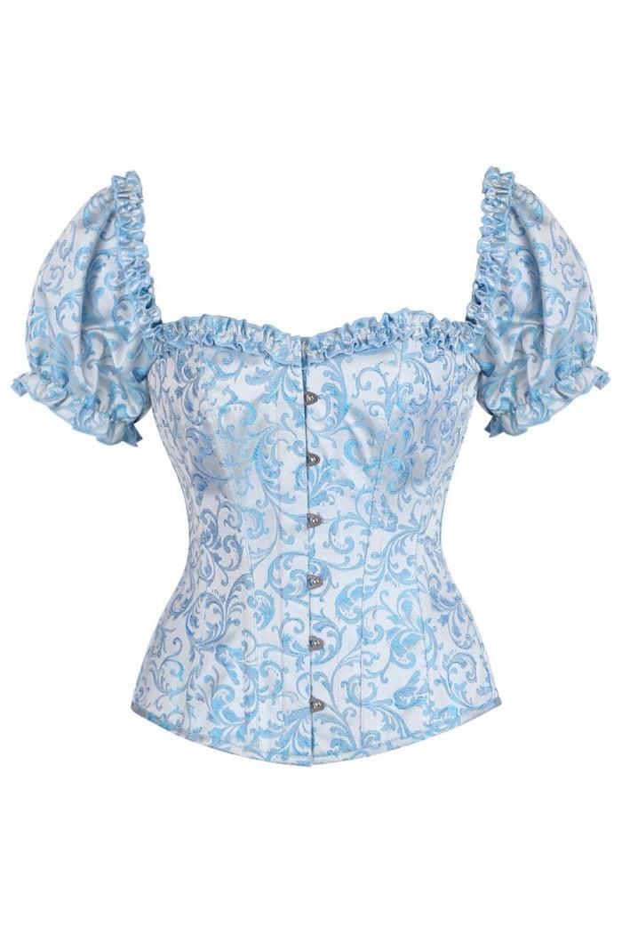 daisy beachwear Top Drawer Steel Boned Blue Brocade Overbust Corset Top w/Sleeves