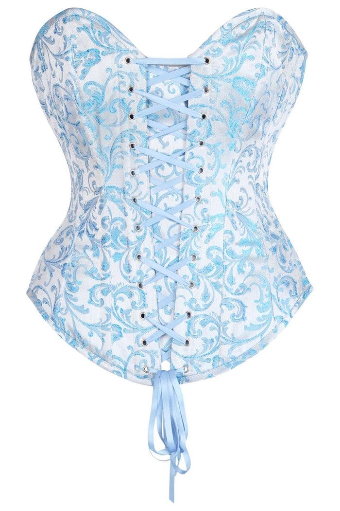 daisy beachwear Top Drawer Steel Boned Blue Brocade Overbust Lace-Up Corset Top