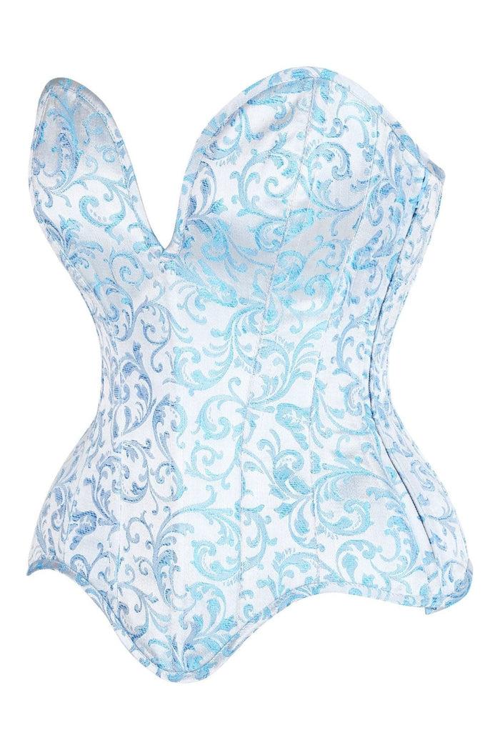 Daisy Beachwear Top Drawer Steel Boned Blue Brocade Plunge Overbust Corset Top