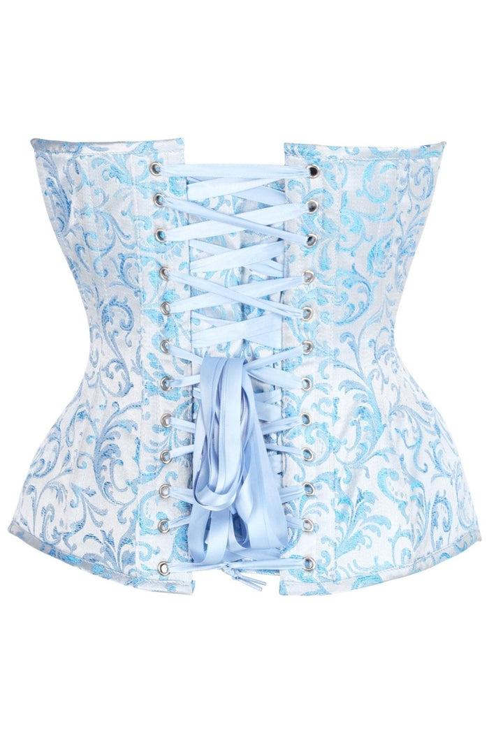 Daisy Beachwear Top Drawer Steel Boned Blue Brocade Plunge Overbust Corset Top
