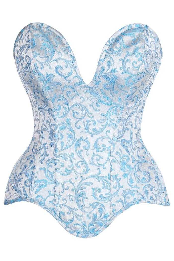 daisy beachwear Top Drawer Steel Boned Blue Brocade Plunge Overbust Corset Top