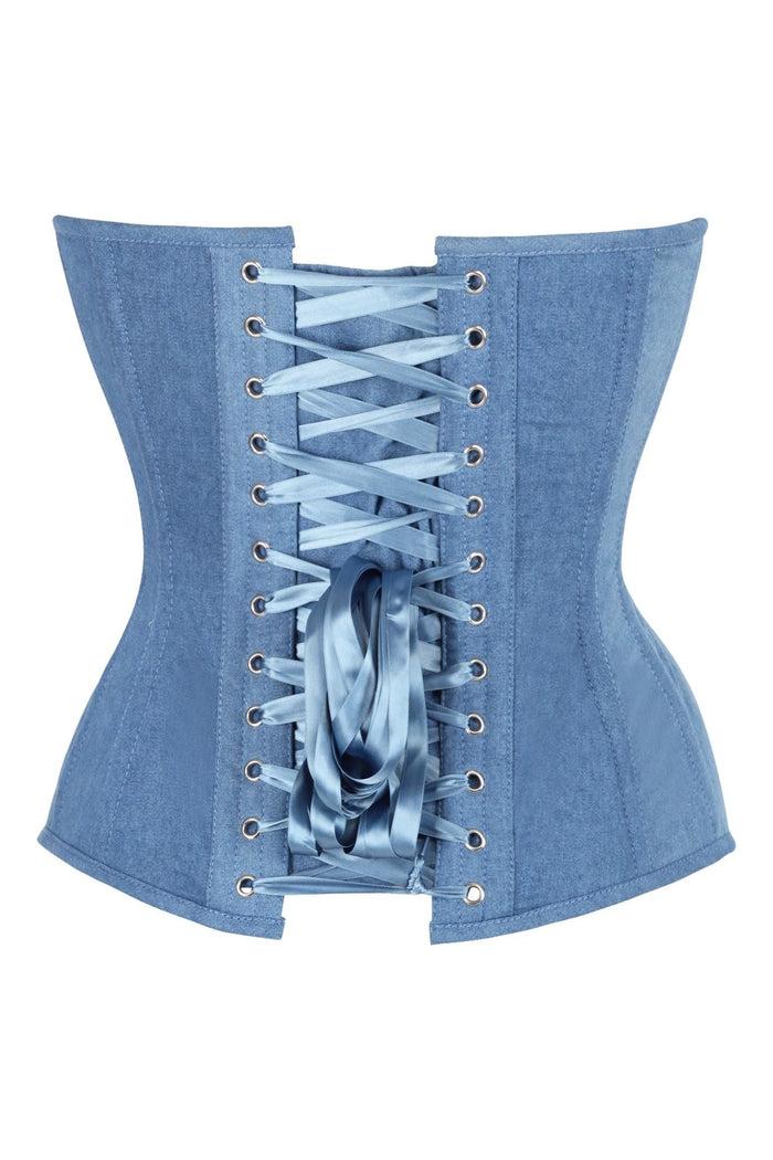 Daisy Beachwear Top Drawer Steel Boned Blue Denim Plunge Neckline Overbust Corset