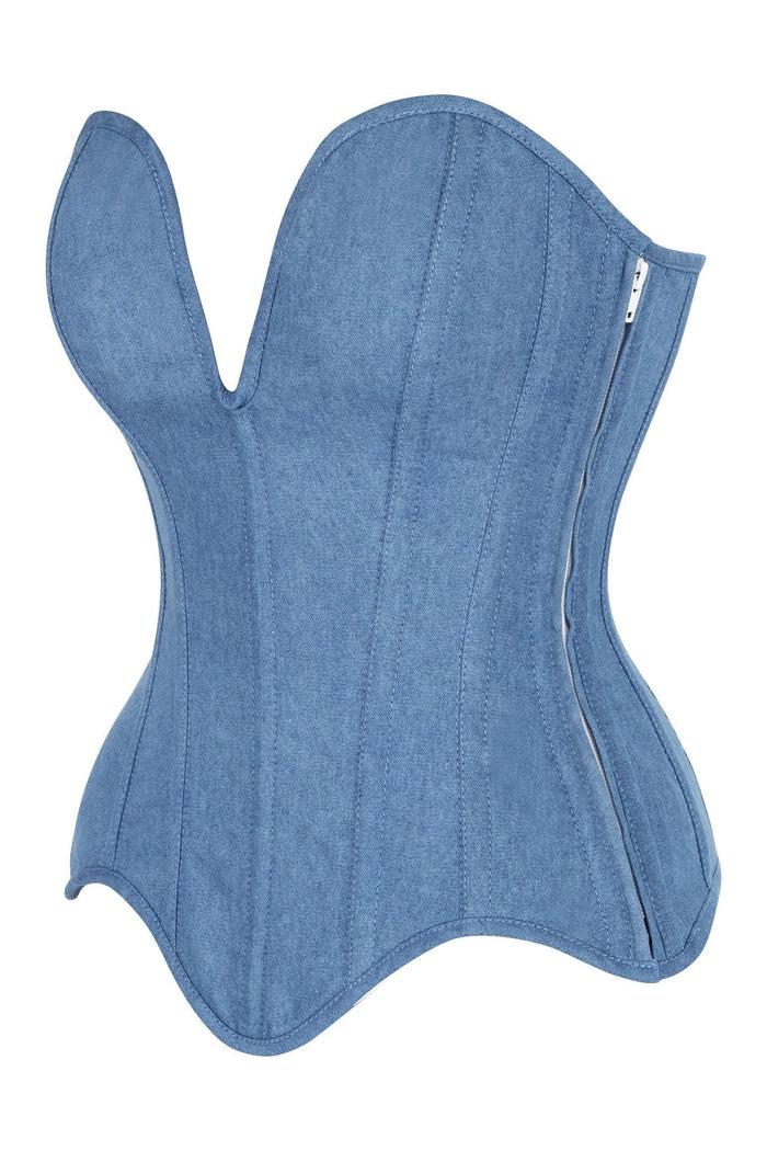 Daisy Beachwear Top Drawer Steel Boned Blue Denim Plunge Neckline Overbust Corset