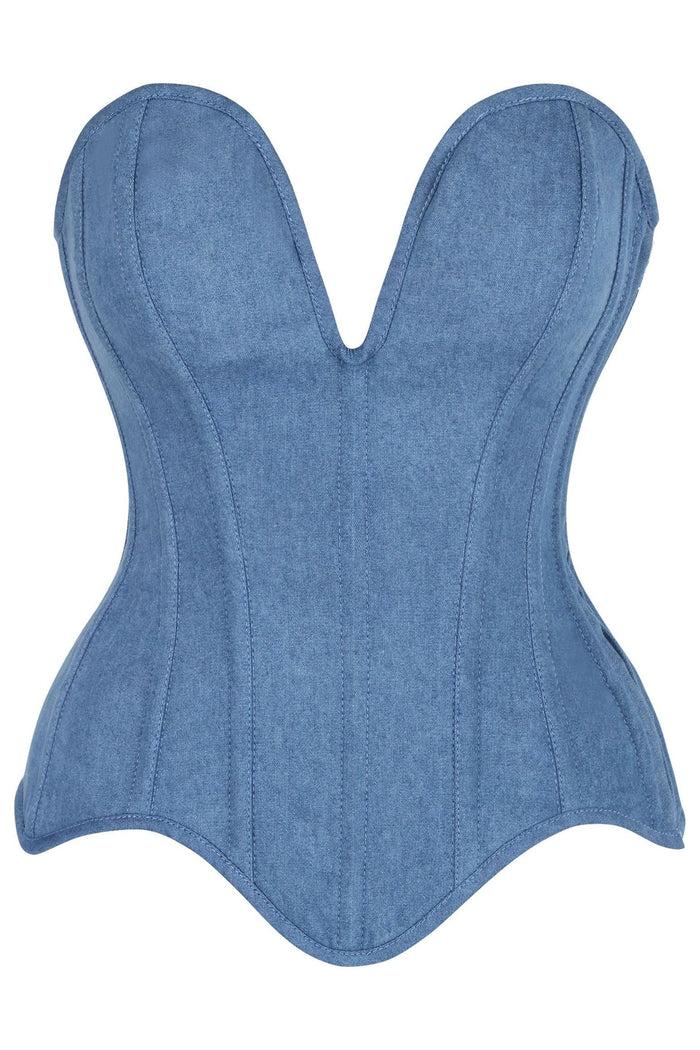 daisy beachwear Top Drawer Steel Boned Blue Denim Plunge Neckline Overbust Corset