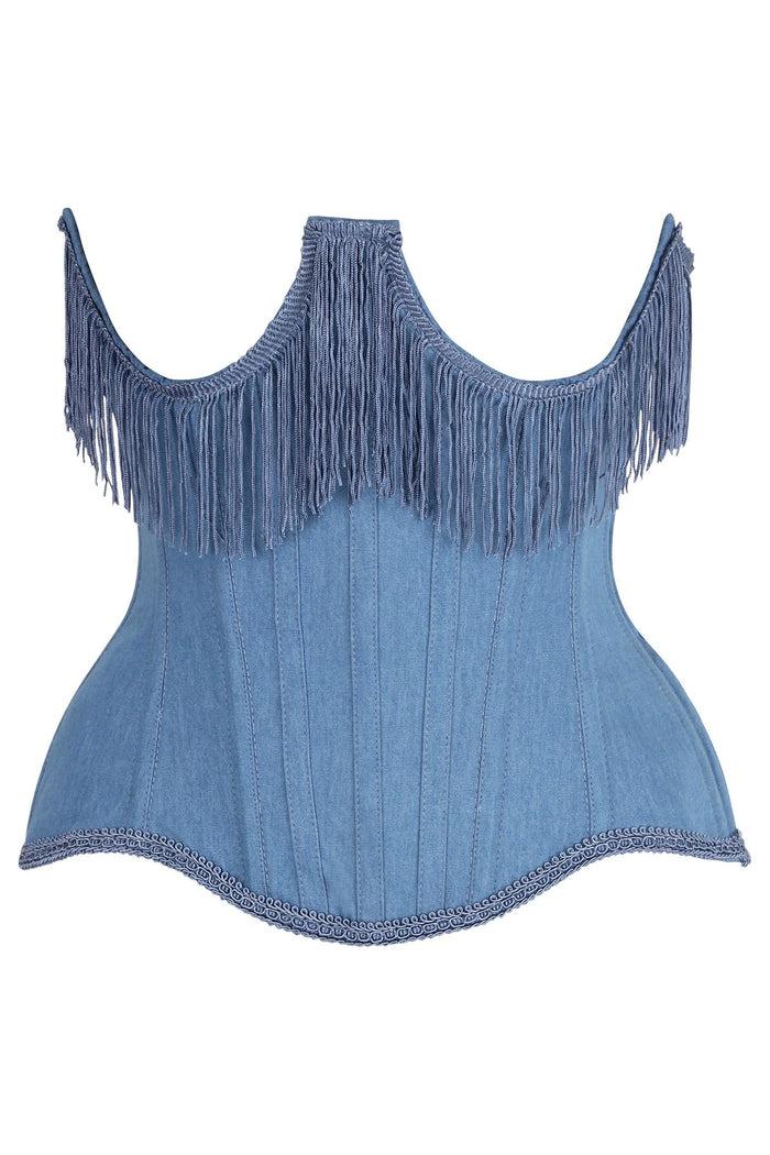 daisy beachwear Top Drawer Steel Boned Blue Denim Underwire Underbust Corset Cincher w/Fringe