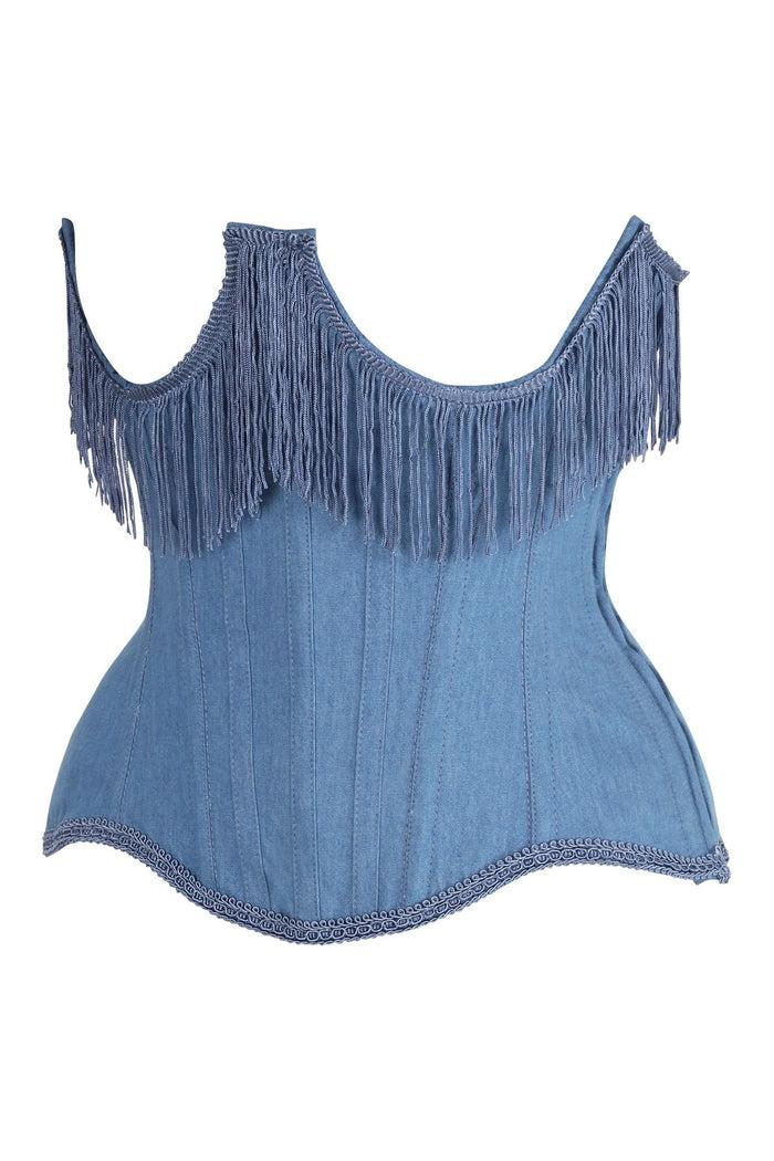 Daisy Beachwear Top Drawer Steel Boned Blue Denim Underwire Underbust Corset Cincher W/Fringe