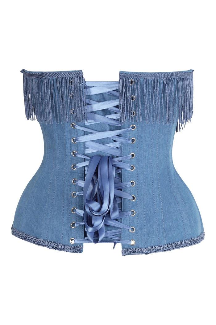 Daisy Beachwear Top Drawer Steel Boned Blue Denim Underwire Underbust Corset Cincher W/Fringe