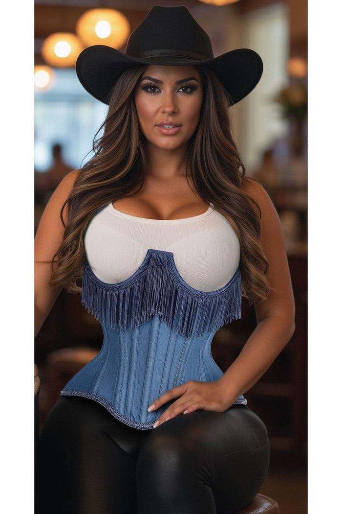 daisy beachwear Top Drawer Steel Boned Blue Denim Underwire Underbust Corset Cincher w/Fringe