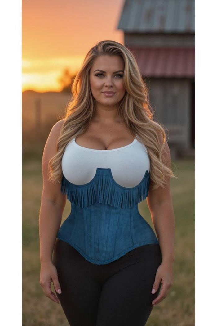Daisy Beachwear Top Drawer Steel Boned Blue Suede Underwire Underbust Corset Cincher W/Fringe