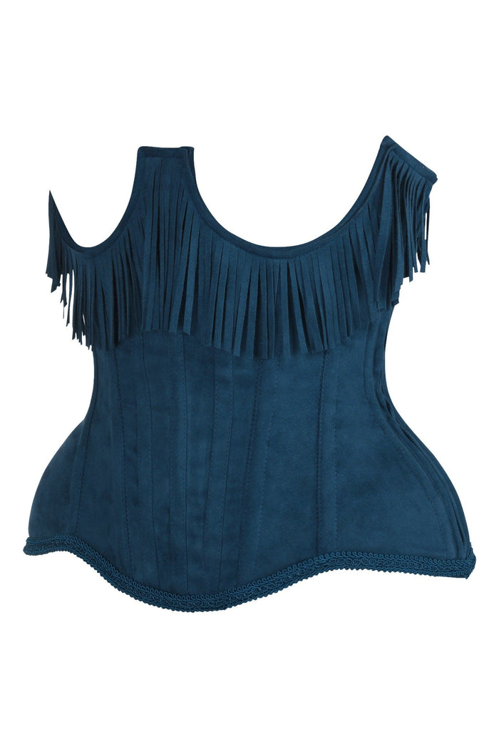 Daisy Beachwear Top Drawer Steel Boned Blue Suede Underwire Underbust Corset Cincher W/Fringe