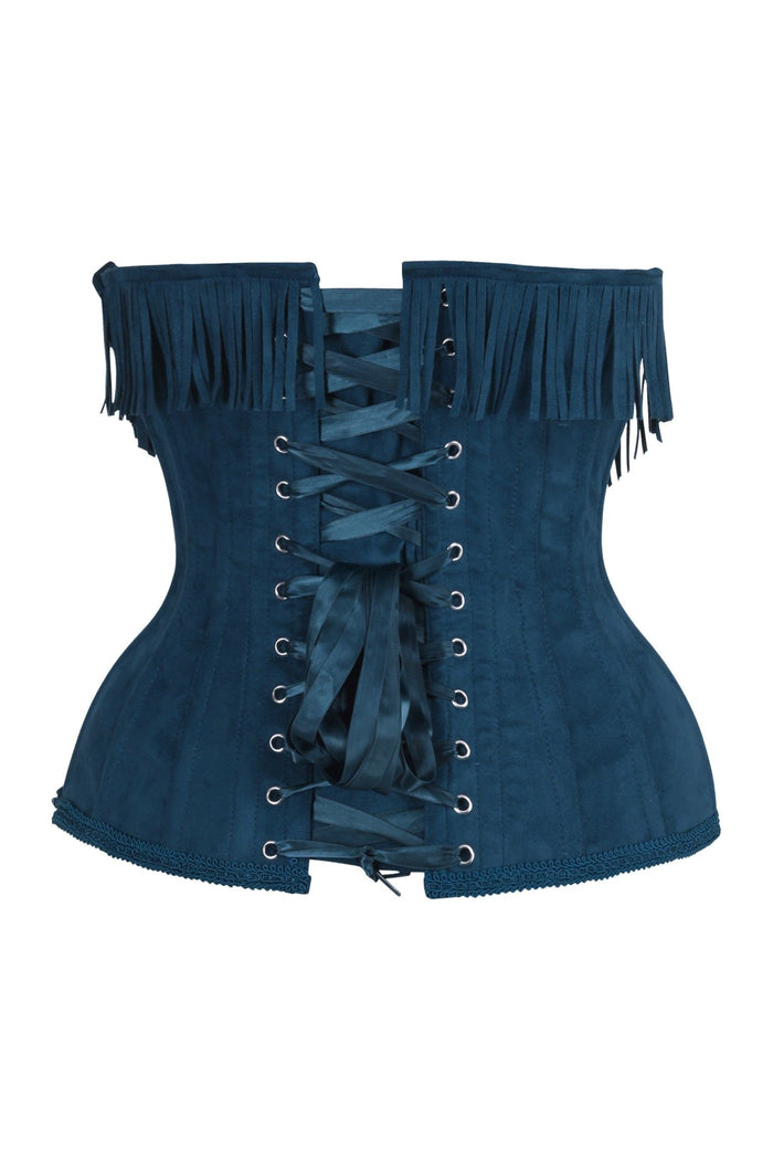 Daisy Beachwear Top Drawer Steel Boned Blue Suede Underwire Underbust Corset Cincher W/Fringe