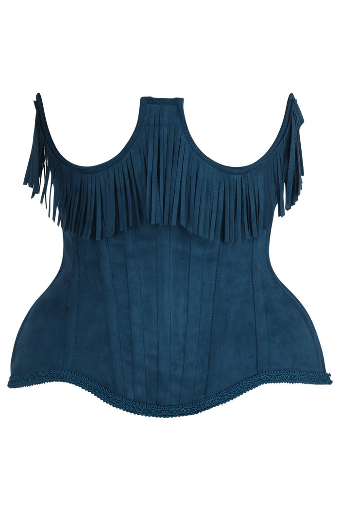 daisy beachwear Top Drawer Steel Boned Blue Suede Underwire Underbust Corset Cincher w/Fringe